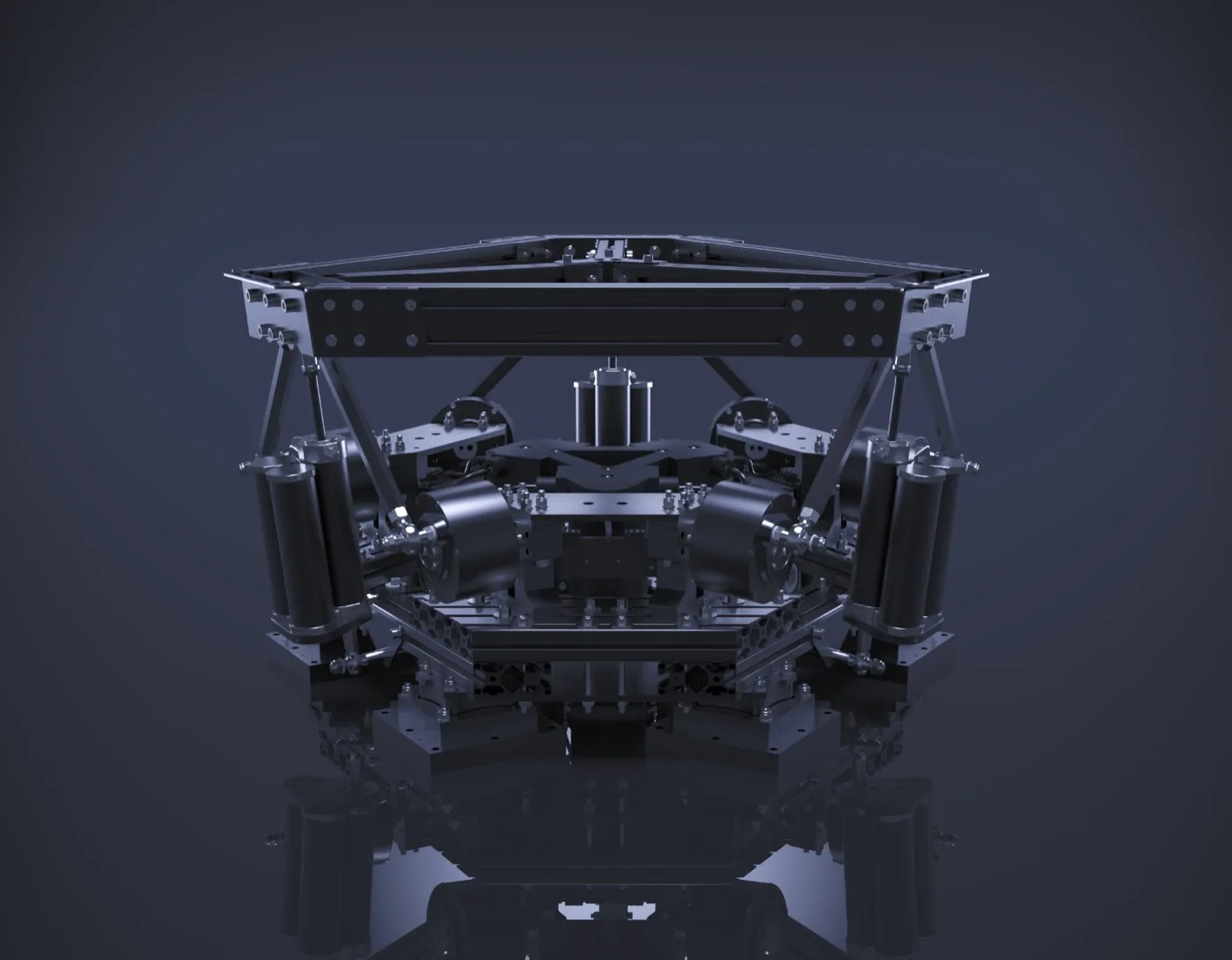 Front elevation of the PDK motion base: three motor blocks with con rods and pneumatic cylinders beneath a triangular platform