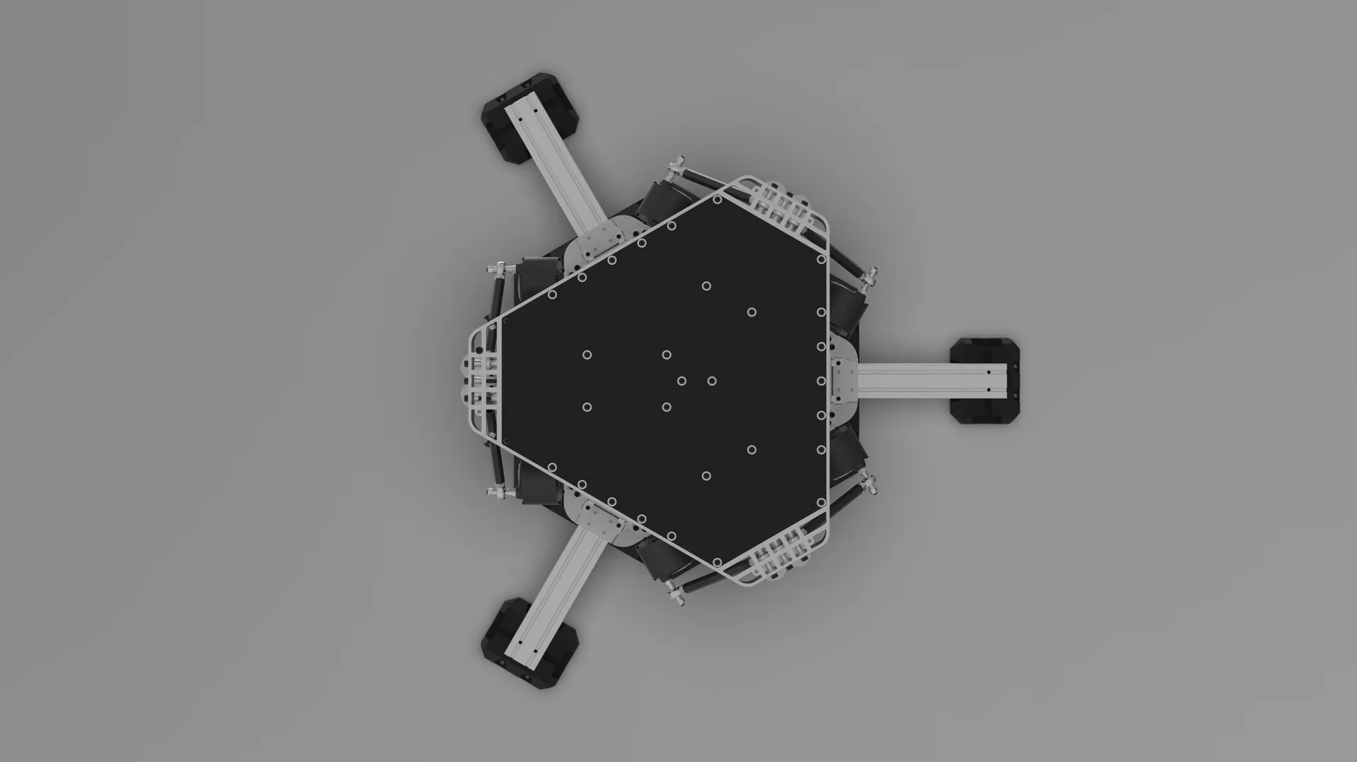 Overhead view of the top plate with the six actuator arms beneath it, the arrangement that produces all six axes.