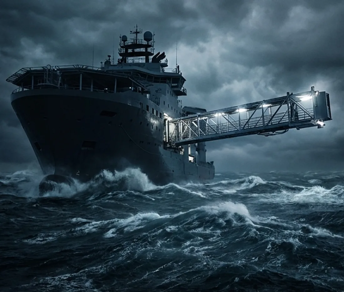 A motion-compensated walk-to-work gangway holding position against a vessel in a swell — a Stewart platform doing the same job at sea.