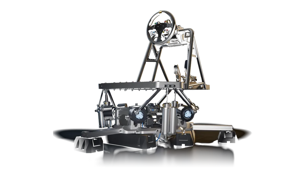 PDK + ARK Ecosystem — the complete build, with the wheelbase, wheel, pedals and button box on the racing chassis
