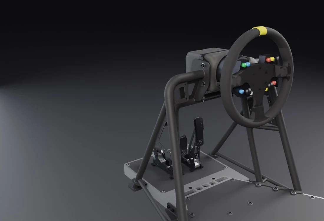 Aluminium spaceframe cockpit chassis with wheelbase, wheel and pedals fitted