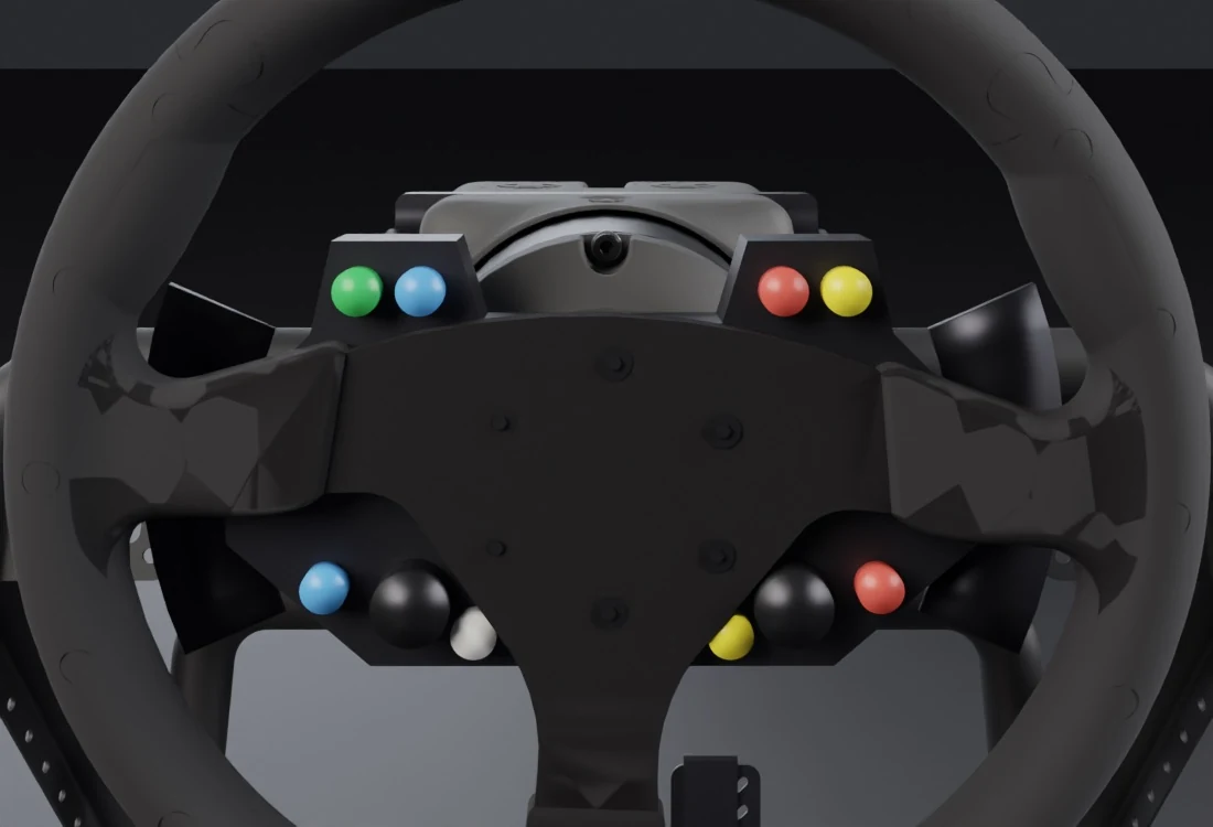 Steering wheel with its button cluster, seen from the driving position