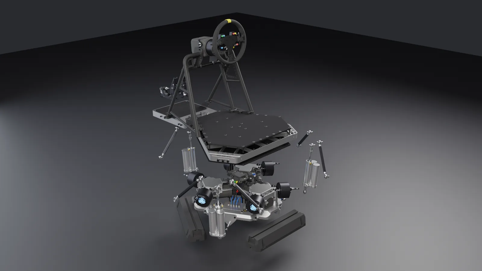 Exploded view of the RSCV021 build: cockpit chassis and platform lifted above the three motor blocks, con rods and pneumatic cylinders