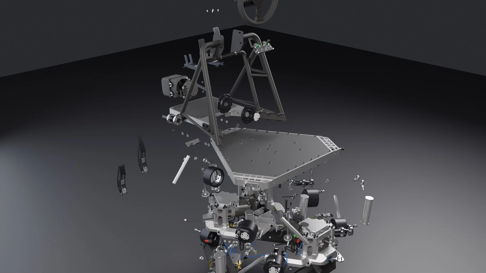 Exploded view render of the RSCV021: cockpit chassis and platform lifted above the three motor blocks, con rods and pneumatic cylinders