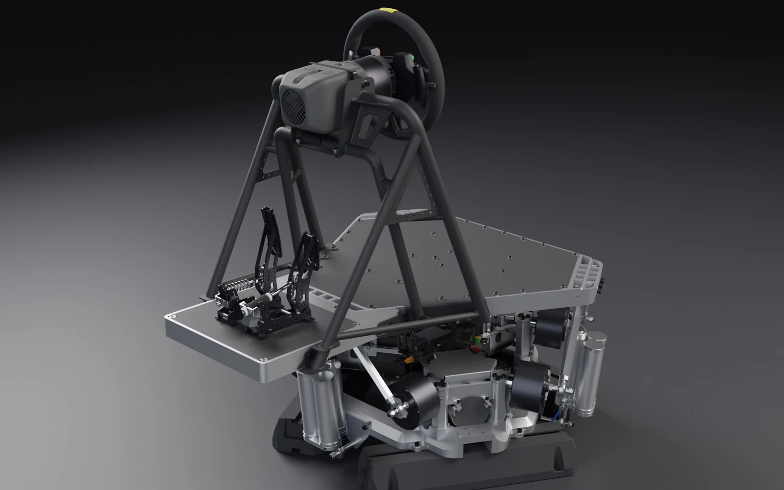 Rendering of the complete RSCV021 build: six-motor hexapod base, aluminium cockpit chassis, steering wheel, pedals and button box