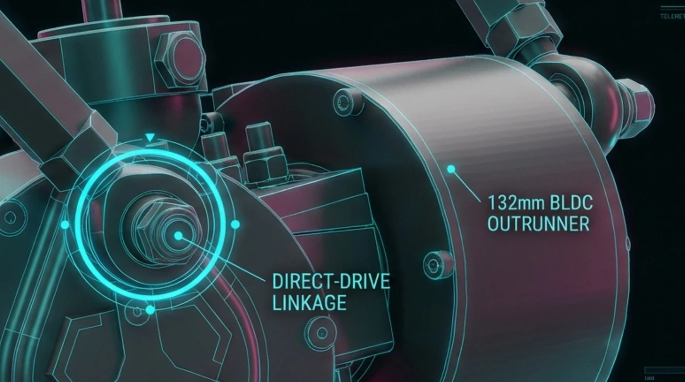A 132 mm brushless outrunner motor bolted straight to its connecting rod — no gearbox, belt or coupling between the two.