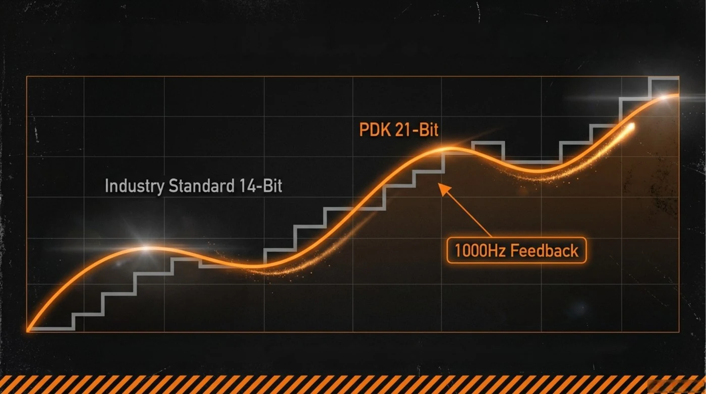 The encoder feedback path drawn as a loop: commanded position, measured position, and the error between them.