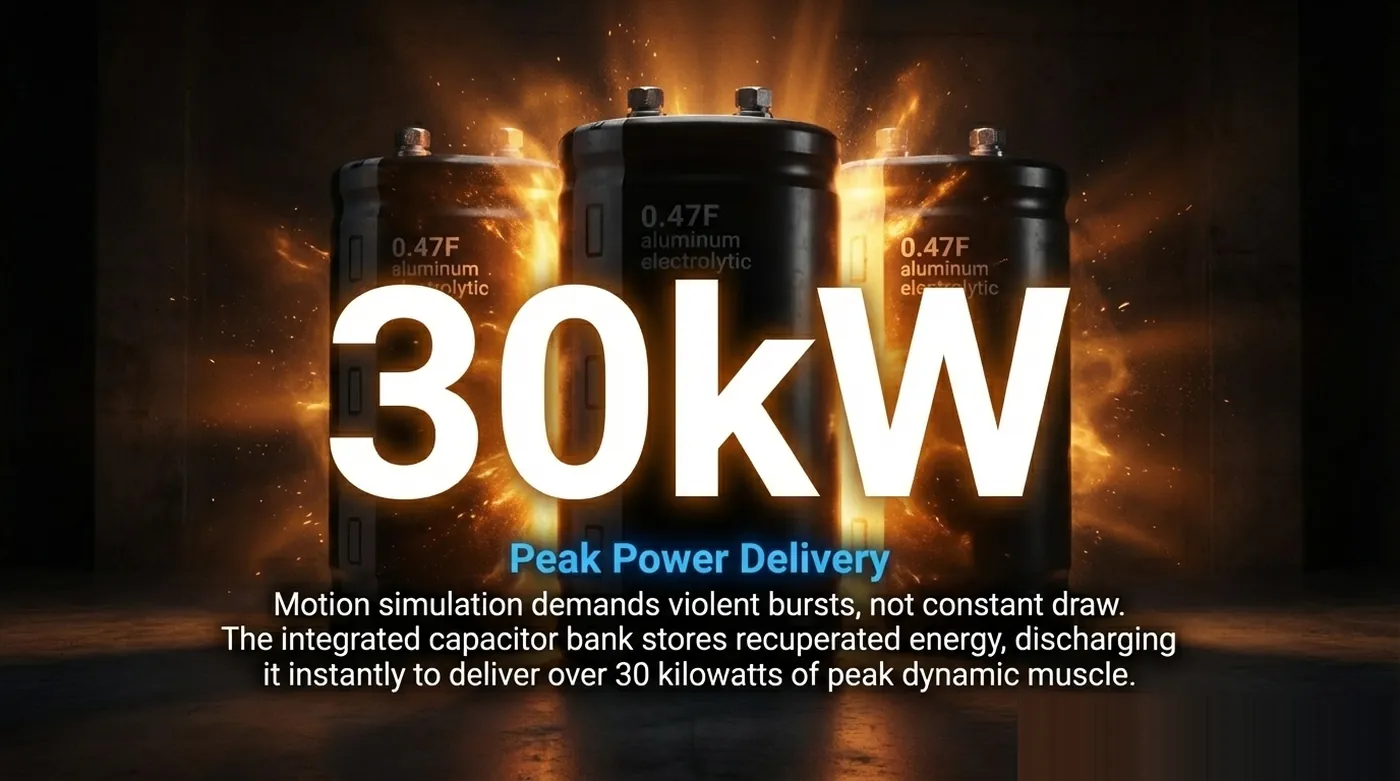 Three 0.47F aluminum electrolytic capacitor cells labeled on their casings, titled 30kW Peak Power Delivery