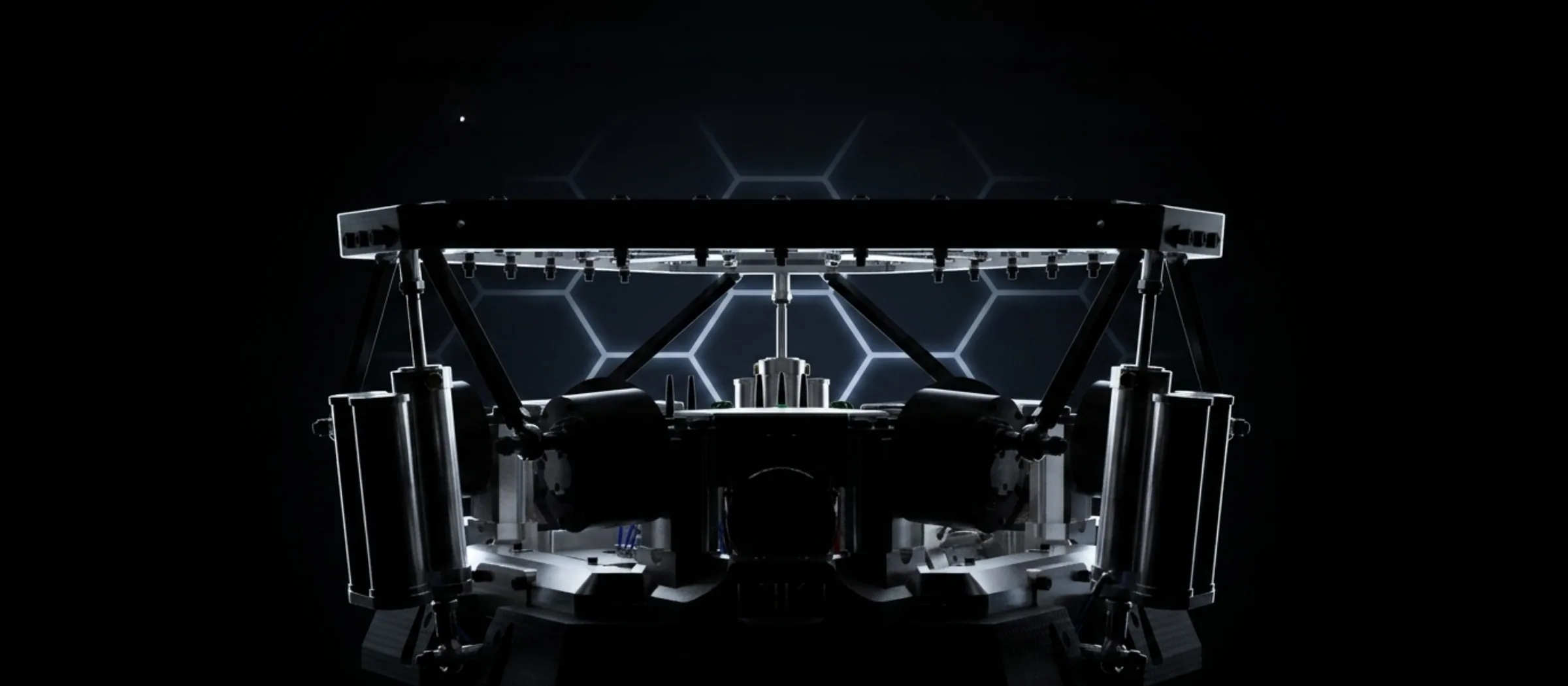 The platform seen head on, its six legs arranged in the symmetric hexagonal pattern of a Stewart-Gough architecture.
