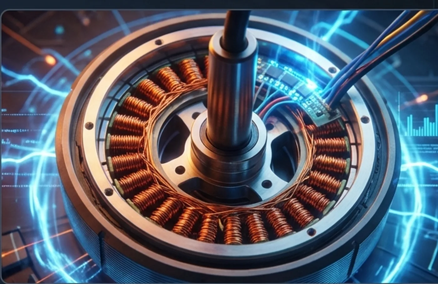 Cutaway of a brushless stator with current shown flowing through the windings, the field held square to the rotor magnets.