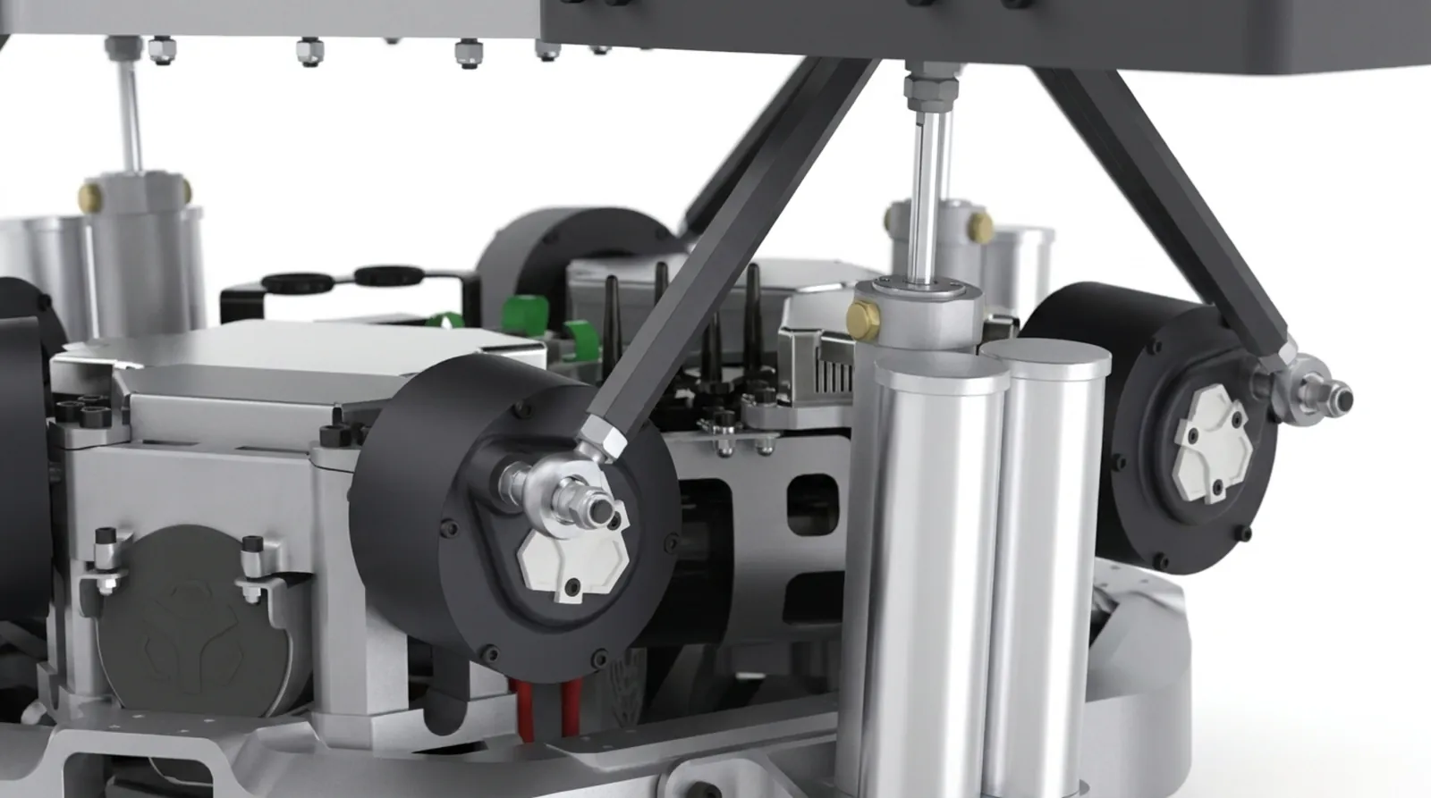 CAD render of the PDK underside: twin pneumatic cylinders beside direct-drive motor modules