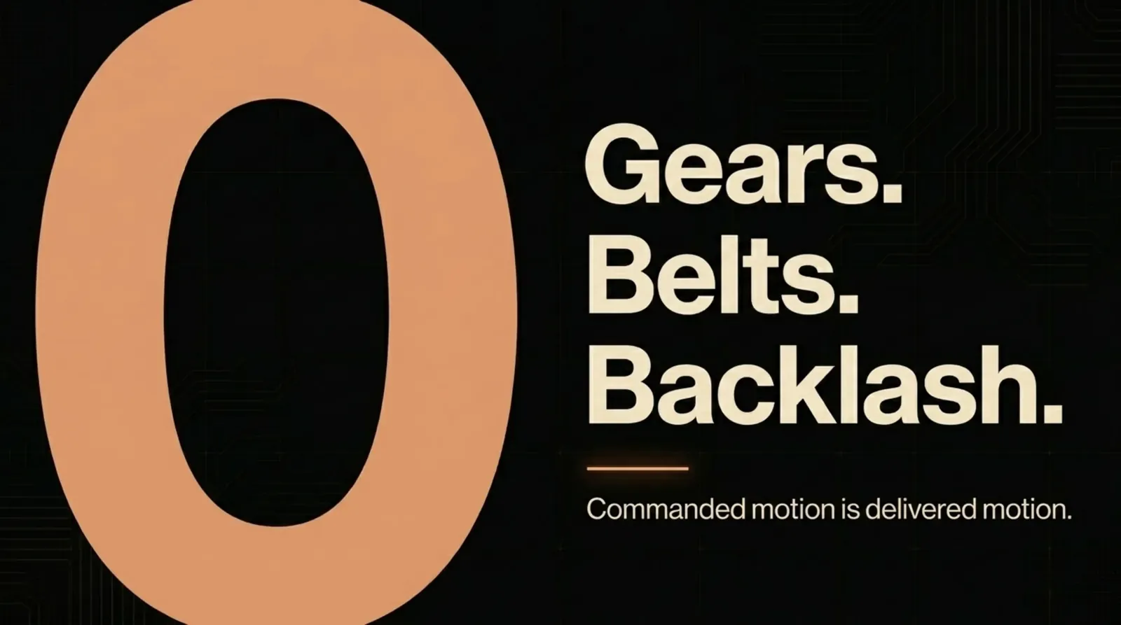 A large brass figure zero beside three stacked words — Gears. Belts. Backlash. Underneath, a single line: “Commanded motion is delivered motion.”