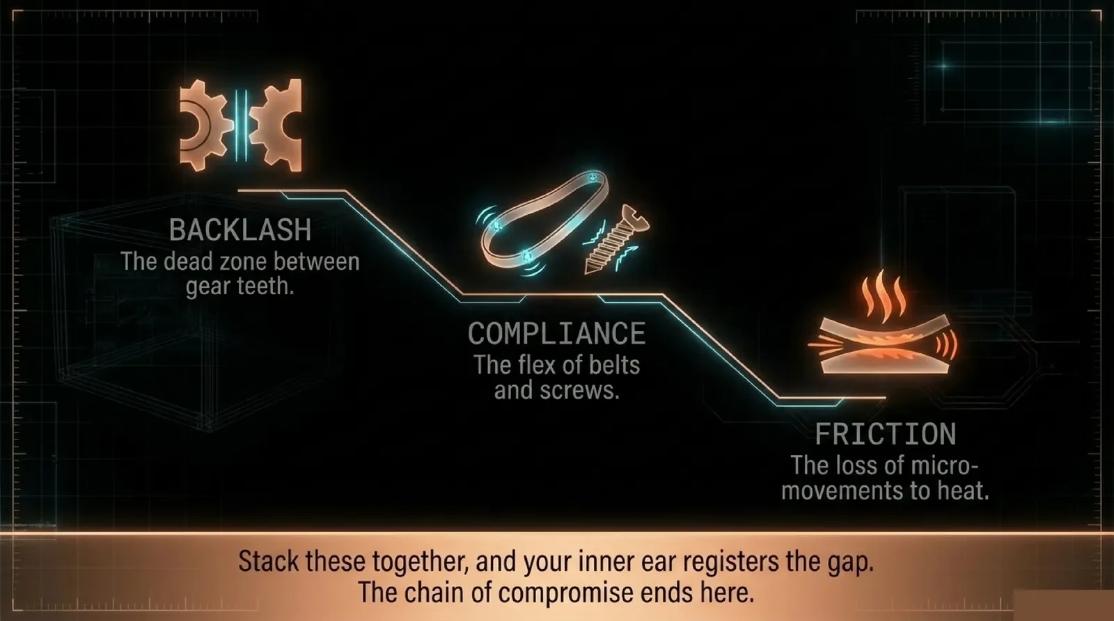 A three-stage diagram descending left to right. Backlash — the dead zone between gear teeth. Compliance — the flex of belts and screws. Friction — the loss of micro-movements to heat. Beneath them: “stack these together, and your inner ear registers the gap. The chain of compromise ends here.”